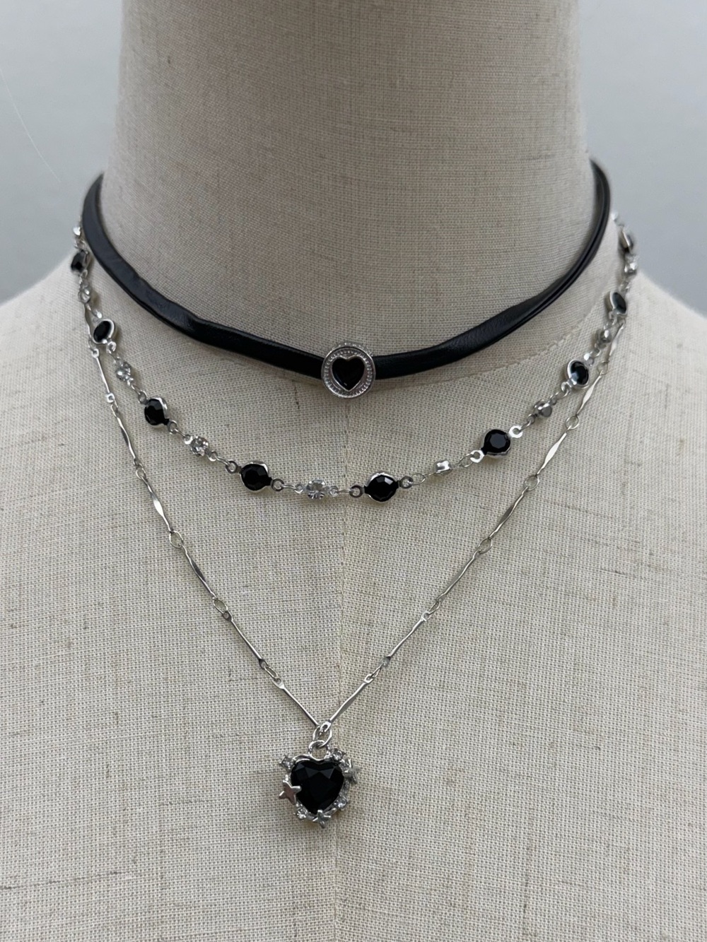 Black Heart Layered Choker Necklace Set Goth Y2K Silver Tone Multi Strand